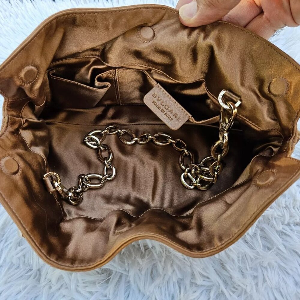BVLGARI Handbag Metallic Brown Pleated Satin Clutch Gold Tone Hardware Purse - Picture 7 of 12